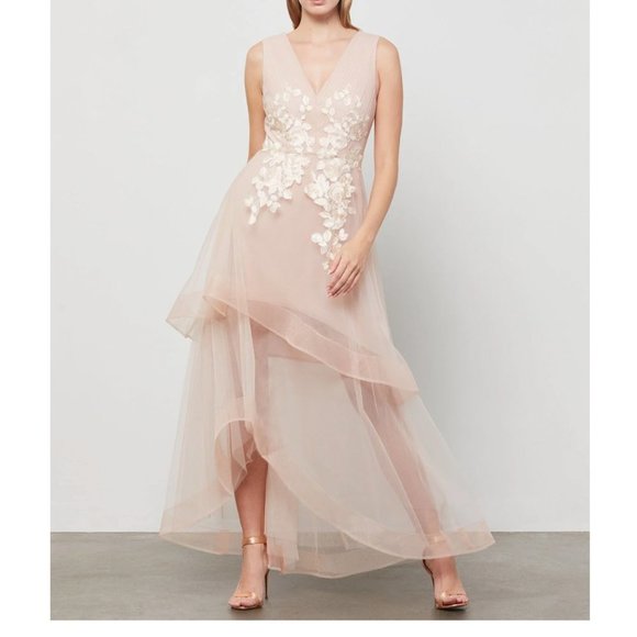 BCBG Max Azria Floral Sheer Embroidered Appliquéd Asymmetrical Gown Nude Pink - Picture 2 of 8